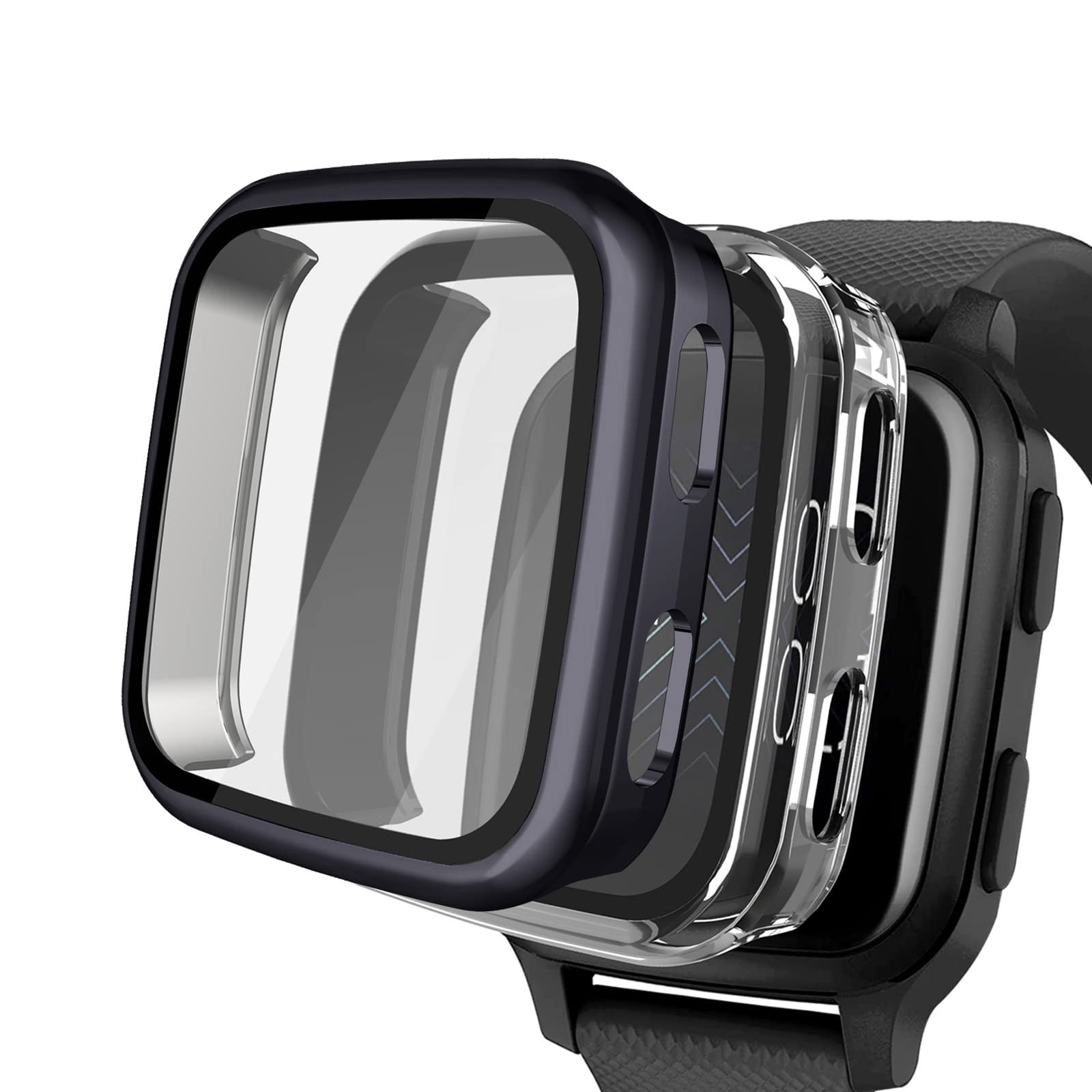 2パックケース Garmin Venu Sq スクリーンプロテクター 9H強化ガラス内蔵 NAHAI ハードPCカバーバンパー 全面傷防止シェル Garmin Venu Sq Music スマートウォッチ用 ブラック/ローズゴー [ローズゴール