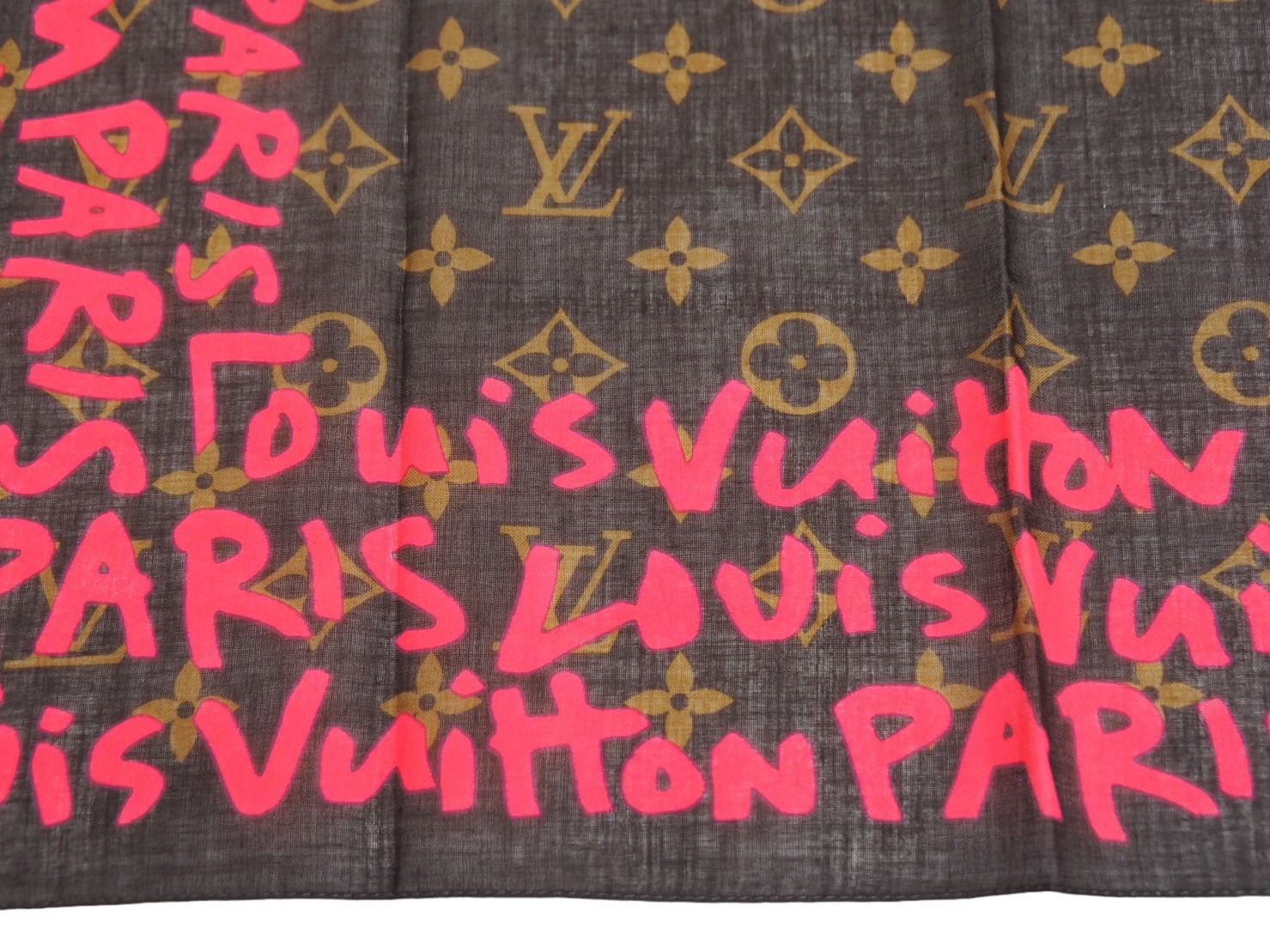 LOUIS VUITTON ルイ・ヴィトン スカーフ グラフィティ モノグラム 401910 ブラウンxピンク コットン 美品  53515約47cm表記サイズ
