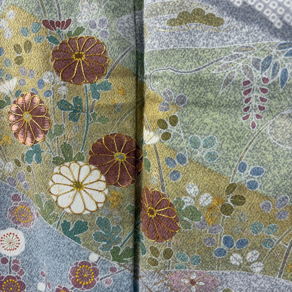 訪問着 身丈160cm 裄丈64cm M 袷 松井青々 落款 菊 松竹梅 金糸 刺繍