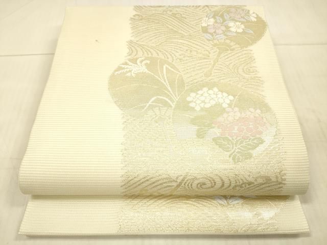 平和屋着物＊夏物 九寸開き名古屋帯 流水団扇草花文 金糸 DAAX0034cm