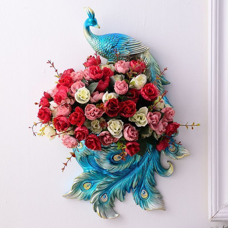 孔雀のレジンアートベースと薔薇のシルクフラワーブーケ 壁飾り 孔雀のレジンアートベースと薔薇のシルクフラワーブーケ 壁飾り