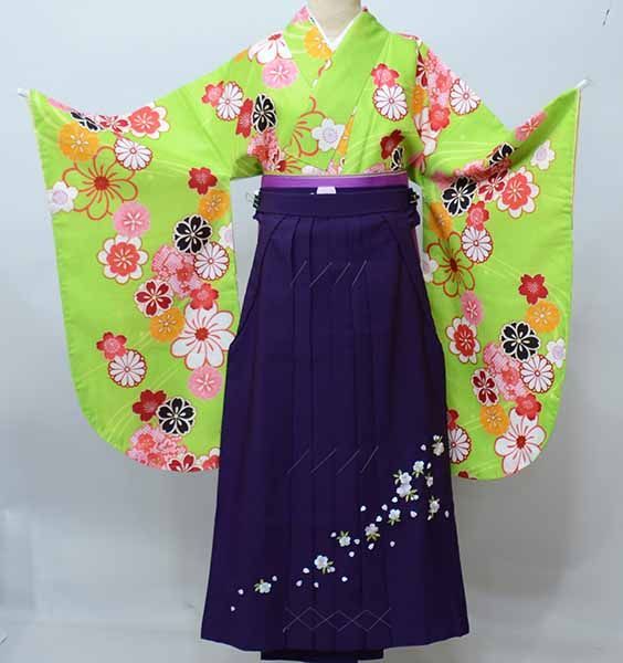 二尺袖 着物 袴フルセット 小紋 ショート丈 黄緑色 袴変更可能 NO41392 二尺袖 着物 袴フルセット 小紋 着物丈は着付けし易いショート丈 黄