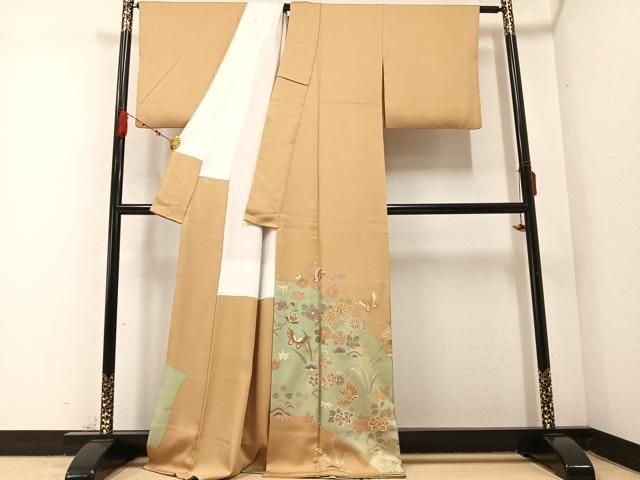 平和屋着物●豪華色留袖 駒刺繍 花蝶文 金彩 正絹 AABC3669ph