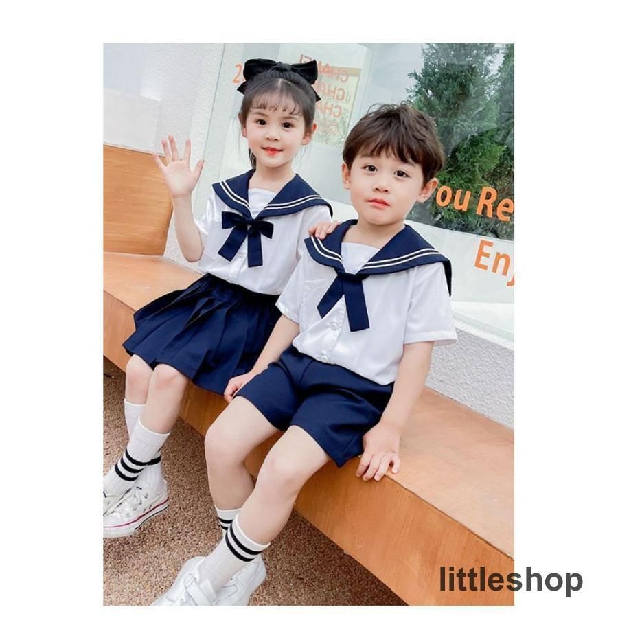 女児　服 セーラー服 子供服 女の子 夏服 2点セット 夏 男の子 ワンピ ひざ丈 半袖 ショートパンツ 90 100 110 120 130 韓国子供服  キッズ 女の子 リボンなし 春 夏 秋 - メルカリ