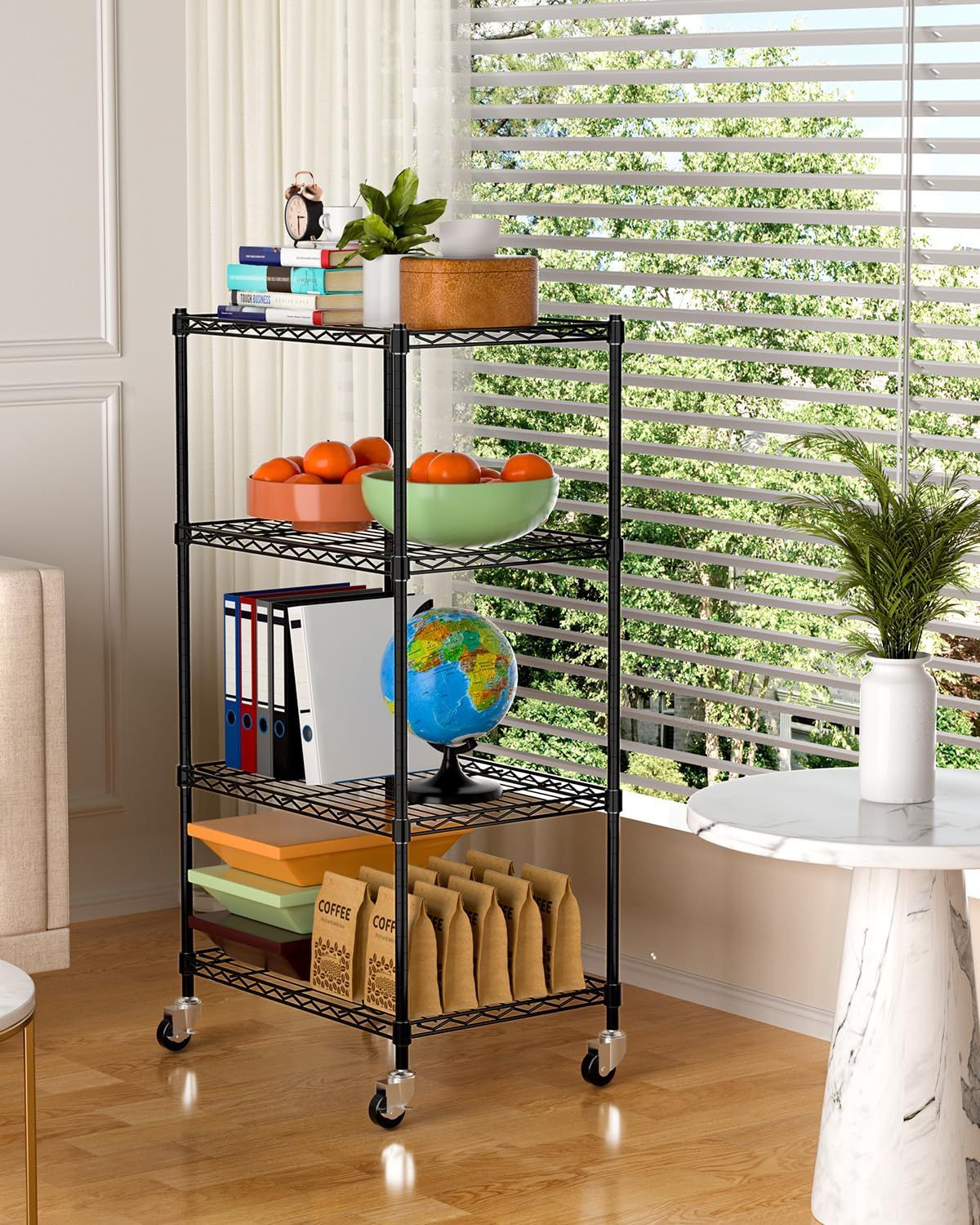 AEEZO 4段 スチールラック 幅60×奥行35×高さ125cm キャスター付き メタルラック キッチンラック 棚ラック 収納ラック 耐荷重80㎏ 高耐久ストレージシェルビング 高さ調節 防サビ加工 収納棚 メタルシェルフ スチールシェルフ サビに NEXPOTALLINN_EU