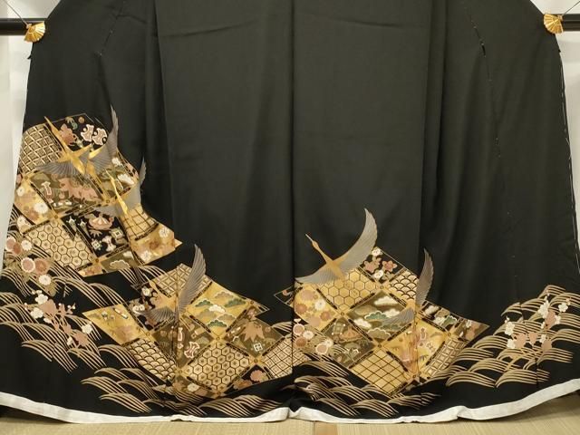 平和屋着物□豪華黒留袖 駒刺繍 飛鶴吉祥花文 金彩 仮絵羽 正絹