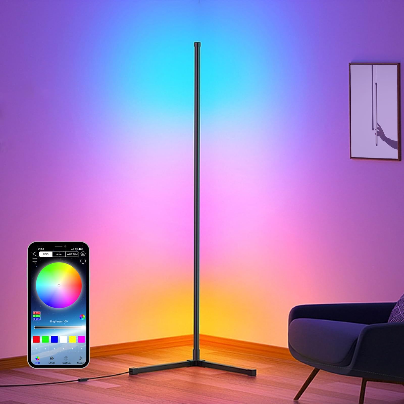 RGB 変色 フロアランプ 調光 高さ153cm LED コーナーライト 間接照明 調度|調速 日本語取扱書 フロアスタンド ランプ 寝室|リビング|遊戯室など適応 アルミニウム