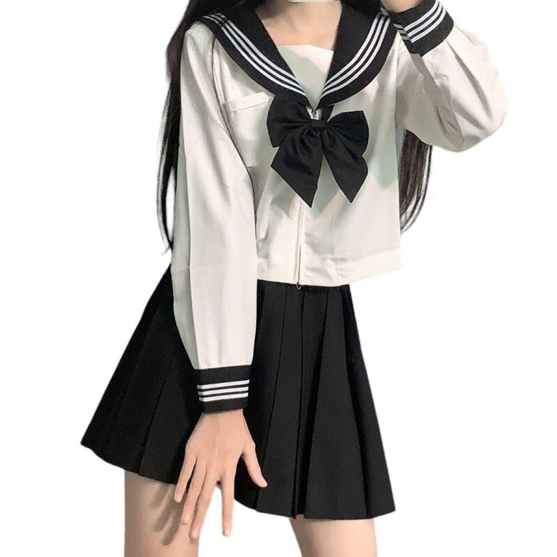 [Kanoan] ３点セット 本格制服 セーラー服 濃紺 白 半袖 長袖 シャツ スカート 蝶結びリボン 白三本 プリーツスカート コスプレ 文化祭 学園祭 仮装 JK JC 高校生 中学生 前開き (XLサイズ， 長袖) 