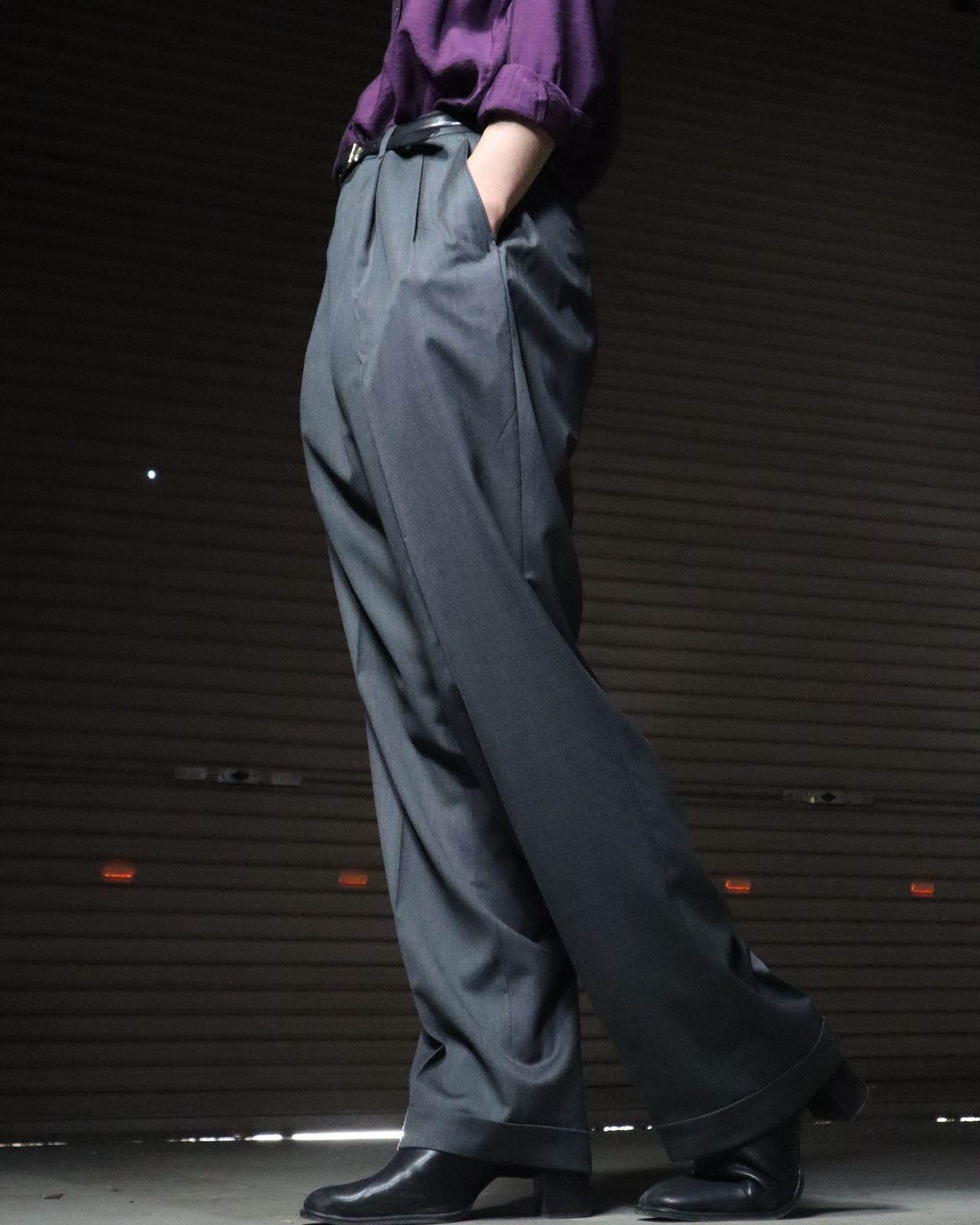 90s 00s 2タック ワイド ウールスラックス ダブル W36 光沢グレー