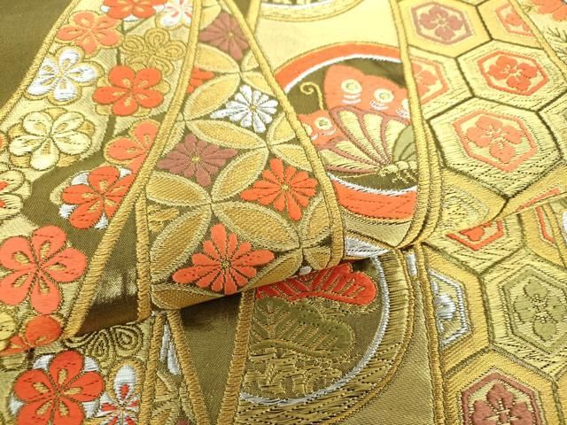 平和屋着物▽西陣の名門 本家加納 六通柄袋帯 檜扇几帳舞蝶花文