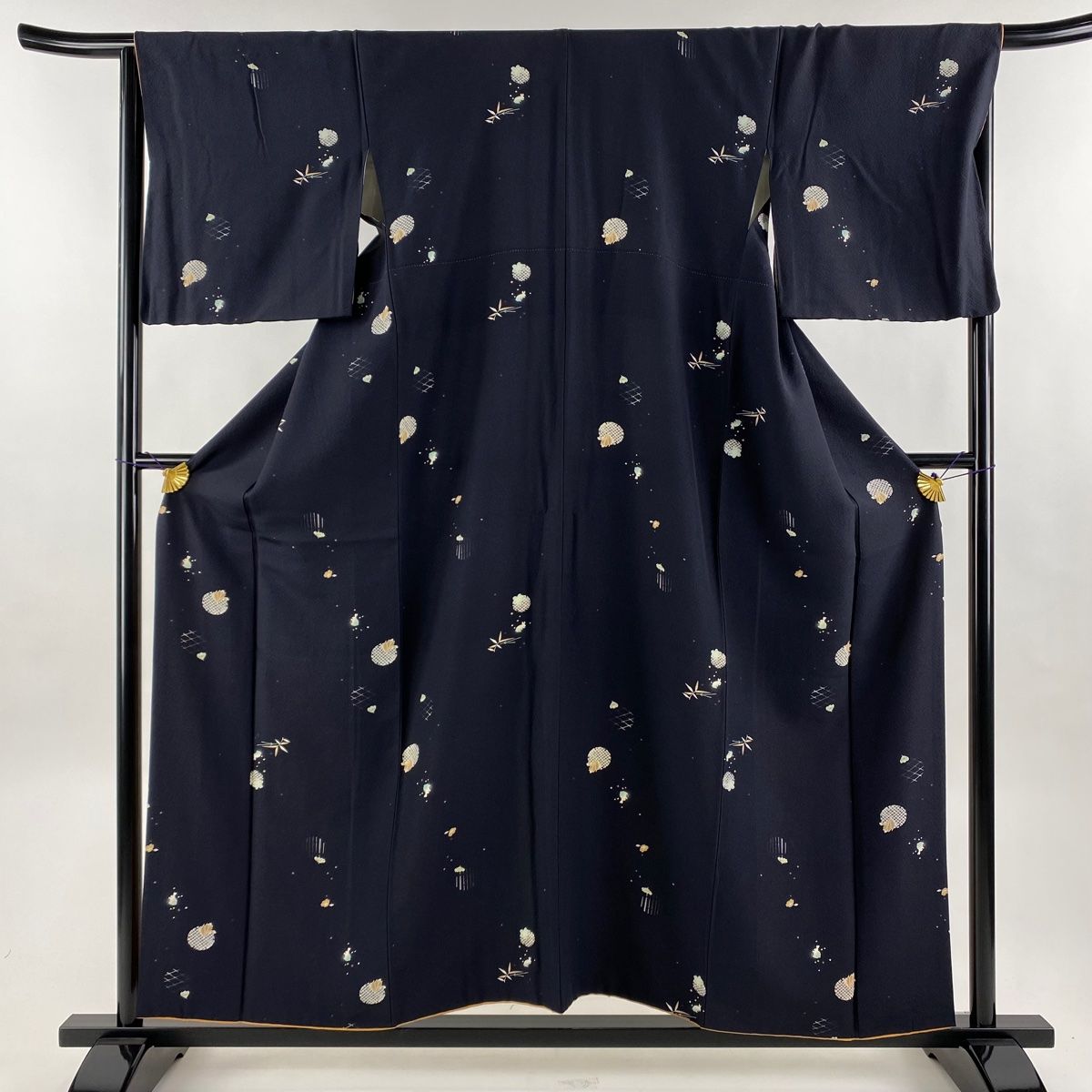 小紋 身丈159cm 裄丈66.5cm M 薄物 絽 うさぎ 花 紺色 正絹 美品 名品  