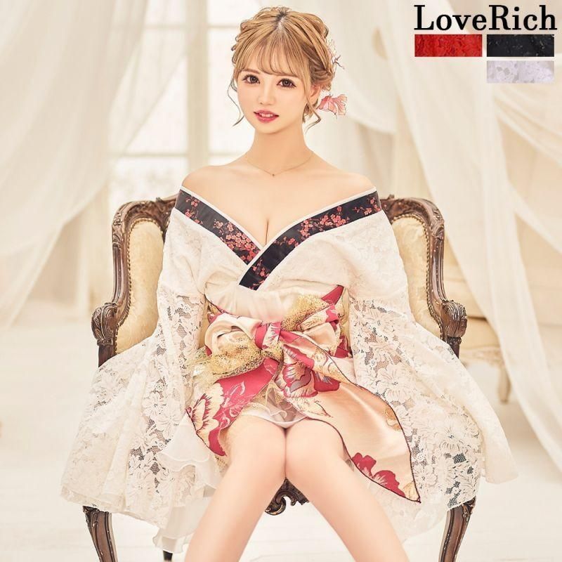 LoveRich ラブリッチ レース フリル オーガンジー 小花柄 ミニ 豪華 帯 花魁 着物 ドレス コスプレ イベント ハロウィン キャバドレス 0944