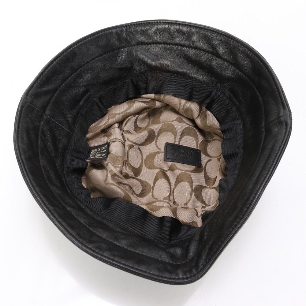 美品　COACH ブラック レザー　バケットハット M 美品 コーチ レザー バケットハット バケハ 帽子 M/L ブラック 黒