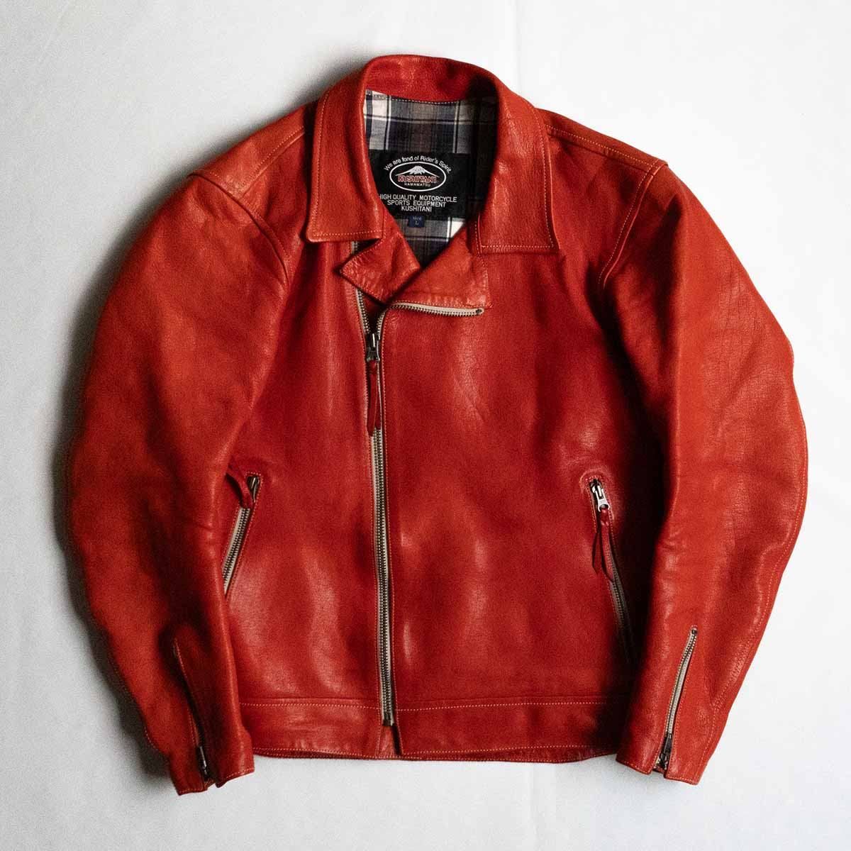 【美品】KUSHITANI【K0671 ウェイバージャケット ダブルライダース】L レッド レザー クシタニ 25010604