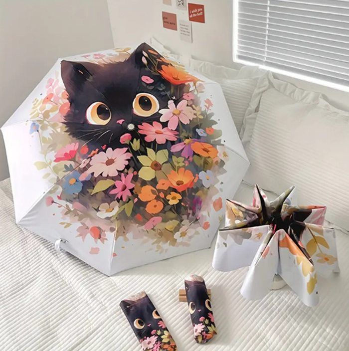 愛らしい花柄の猫のデザイン 自動折りたたみ傘 日焼け防止 8本の