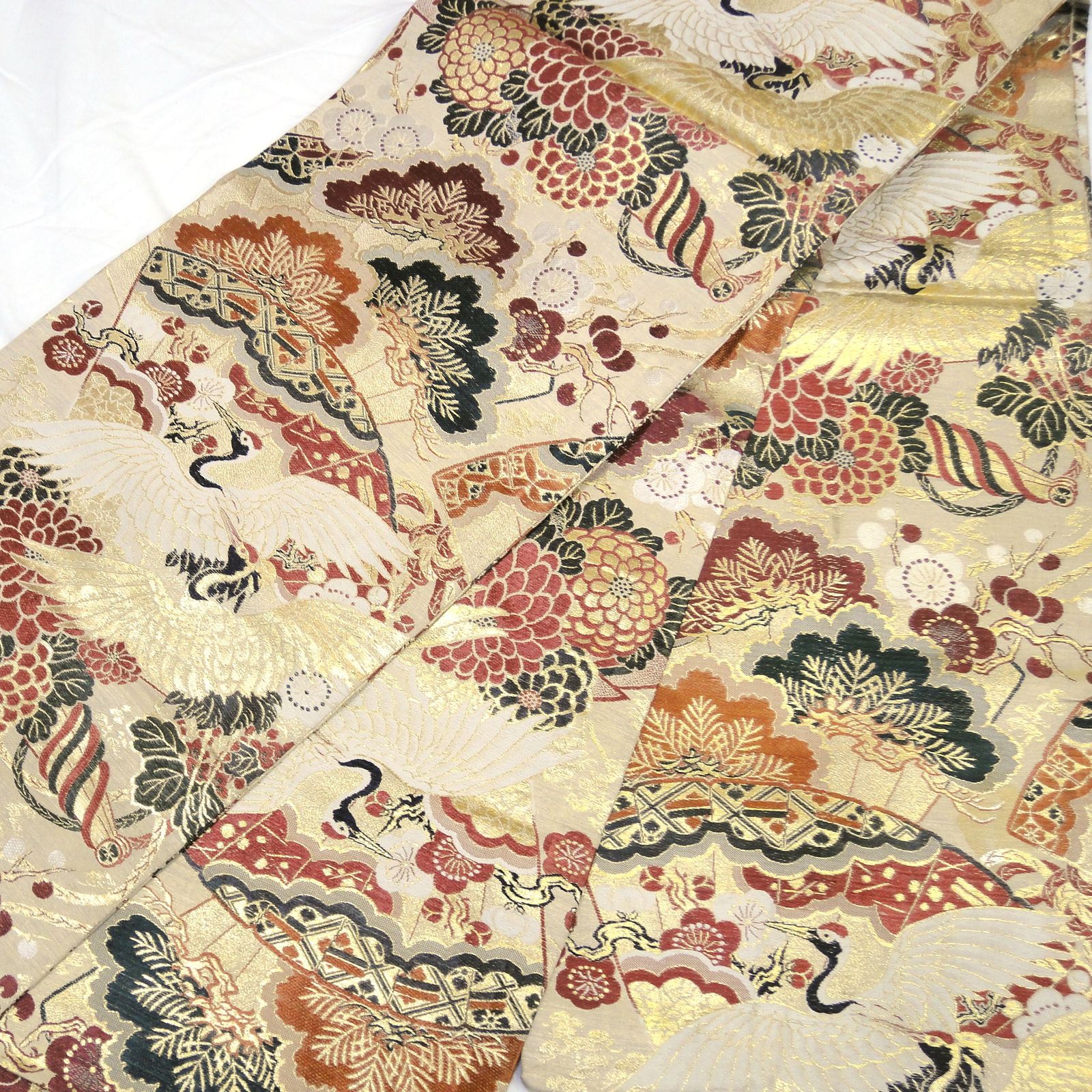正絹 丸帯 鶴 扇 菊 梅 No.200701-0465 梱包サイズ60