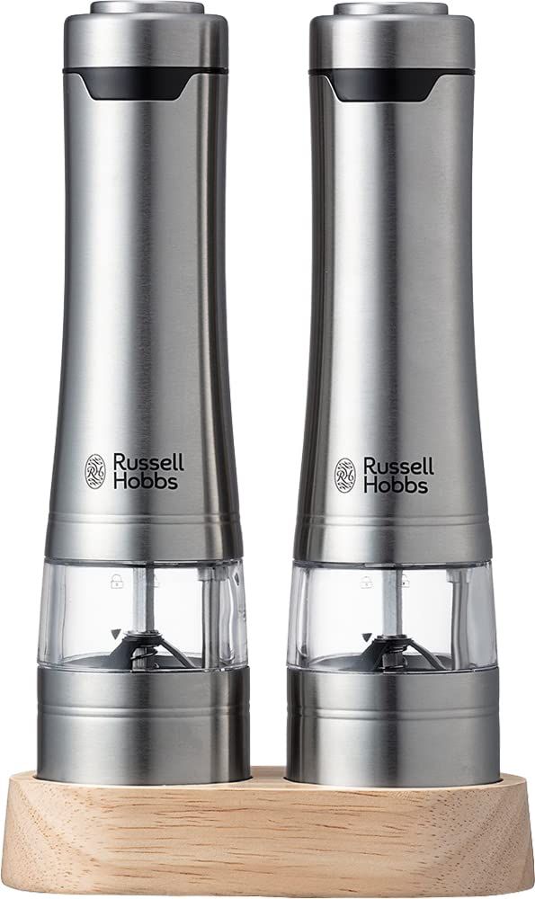 ラッセルホブス Russell Hobbs 電動ミル ソルト-ペッパー 岩塩 胡椒 スパイス 粗さ調節 2本セット ウッドスタンドセット シルバー 7923JP ウッドスタンドセット
