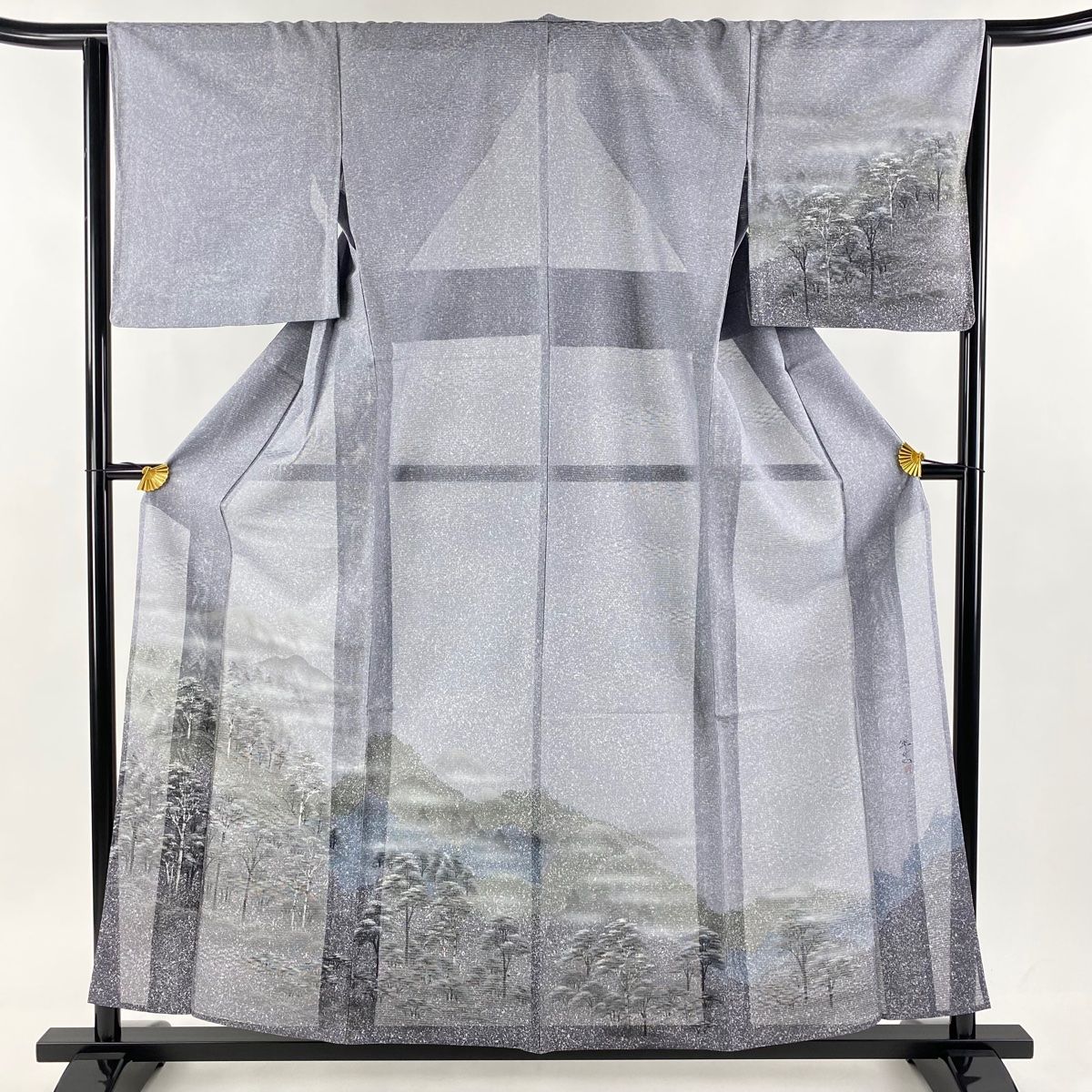 付下げ 身丈157cm 裄丈65.5cm M 薄物 紗 落款 樹木 山並 ぼかし 灰色 正絹 秀品