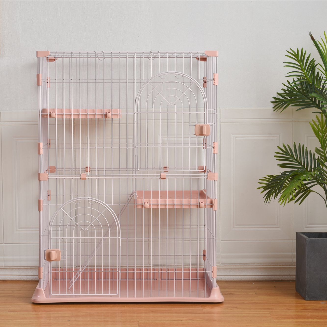 ピンク M サイズ 2 段式猫ケージ｜キャットハウス｜留守番時のペット保護｜脱走防止機能｜多頭飼い向け｜おしゃれで デザイン｜TX295749CAA