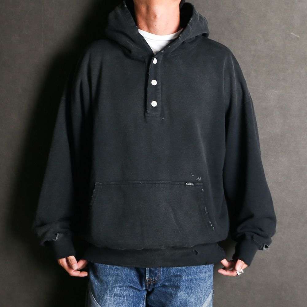 KAMIYA/カミヤ】Distressed Henry Neck Hoodie - BLACK / ヘンリー 