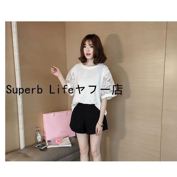 白 Tシャツ  レディース 夏 無地 半袖Tシャツ レース切り替えトップス パフスリーブ ブラウス おしゃれ 大きいサイズ 韓国風 大人 通勤  着痩せ 卒業式 白 Tシャツ レディース 夏 無地 半袖Tシャツ レース切り替え