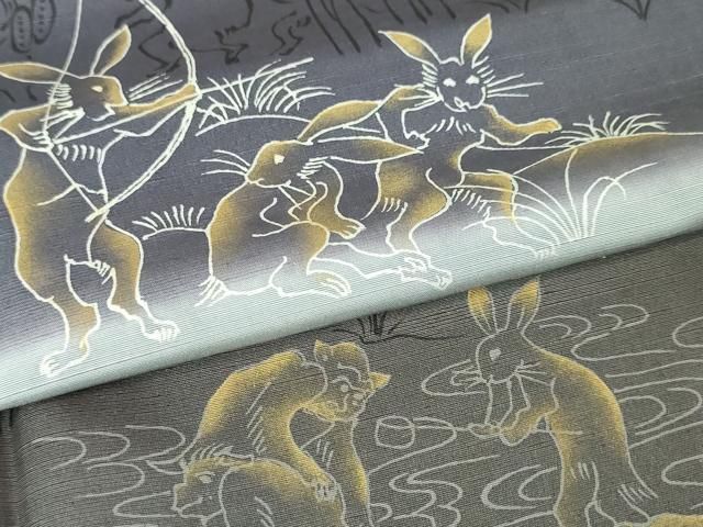 平和屋本店□極上 訪問着 紬地 手描き 鳥獣戯画 暈し染め 金彩 逸品