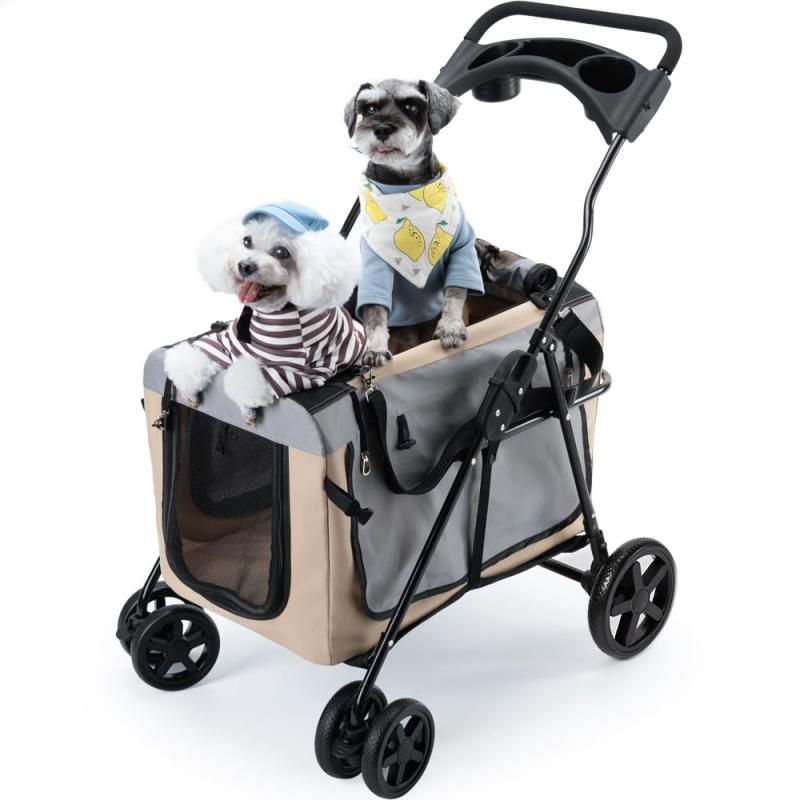 Pandaloli ペットカート 犬 バギー ベビーカー-中型犬 小型犬 猫 多頭 カート 4輪 軽量コンパクト 耐荷重25Kg 前輪360°回転 後輪ブレーキ付き 飛び出し防止リード2本付き 折りた