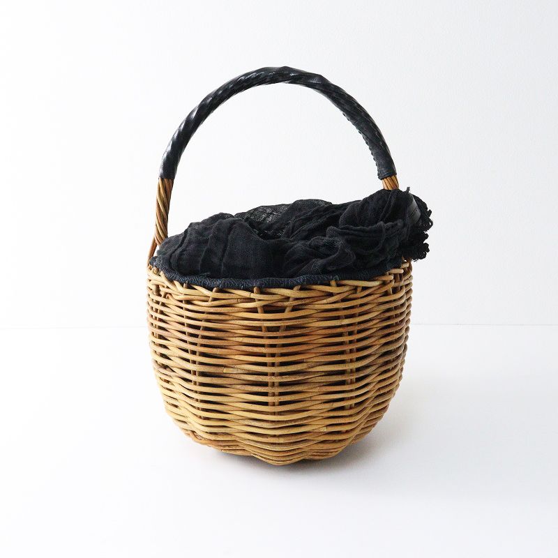 エバゴス ebagos 一本手 レザー 紅籐 かごバッグ ベージュ ブラック リネン被せ バケツ型 バスケット ナチュラル 2400014639476