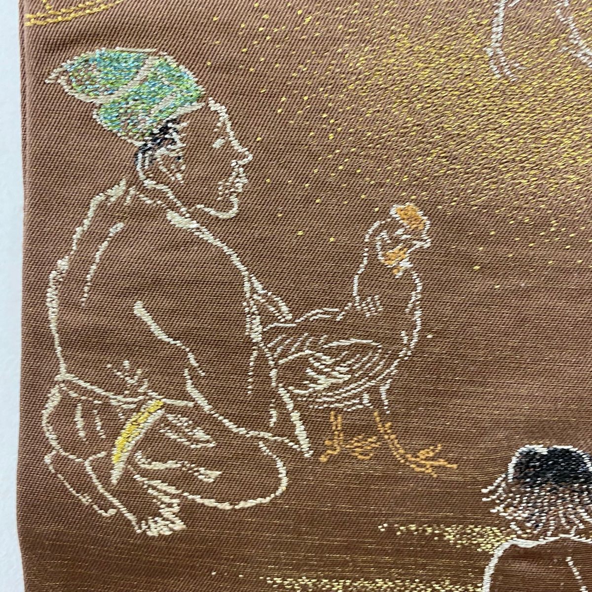袋帯 美品 逸品 龍村平蔵 落款 鳥羽絵鳥合錦 人物 金糸 箔 茶色