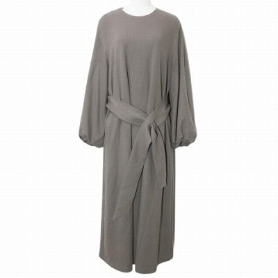 エブール ebure ウール 100％ 天竺ニット ロング ワンピース バルーンスリーブ 長袖 ウエストリボン 38 M相当 茶 ブラウン X