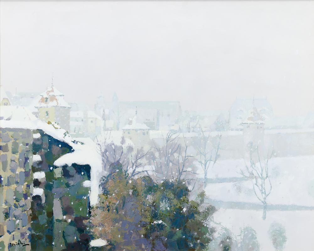 真作】【WISH】吉崎道治「ローテンブルグの雪」油彩 40号 大作 ◇雪の