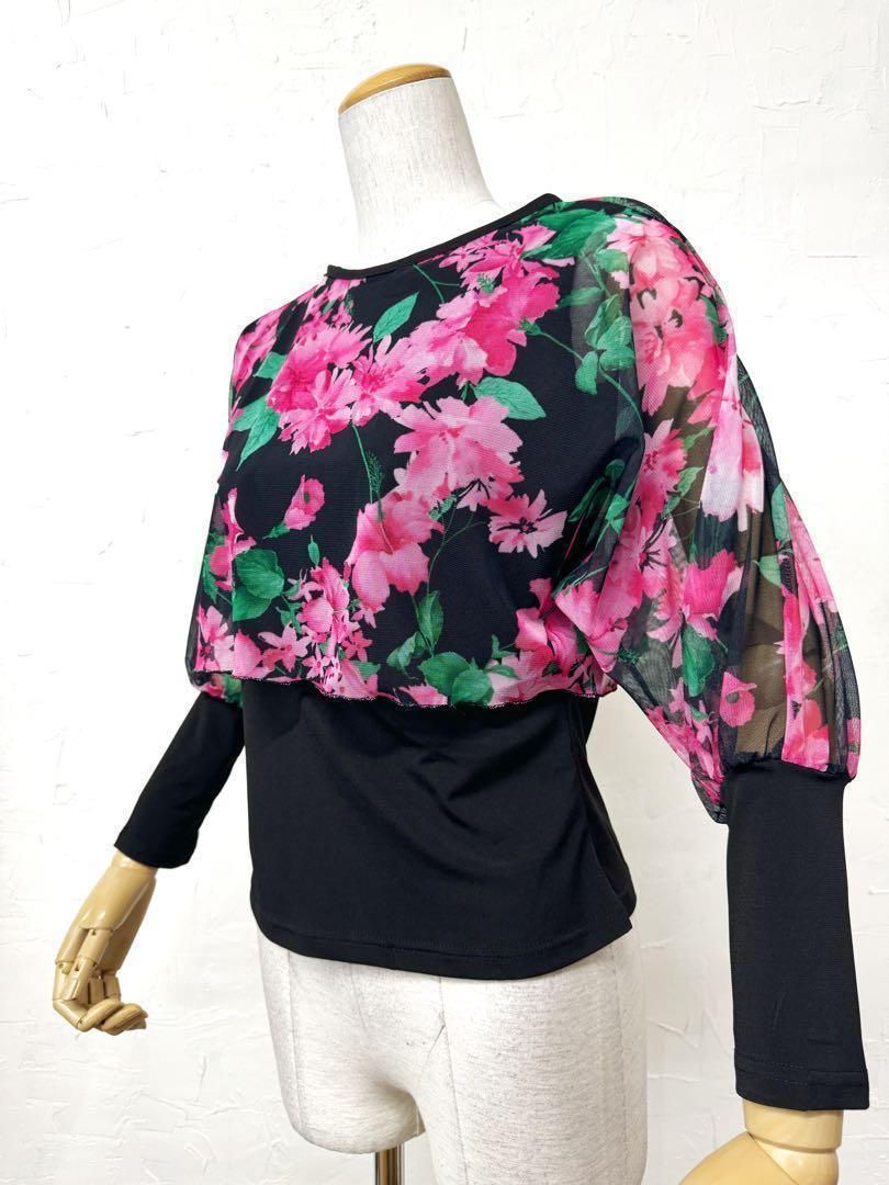 安い 【パーティーに】新品 社交ダンス ピンク花柄セットアップ黒 m926