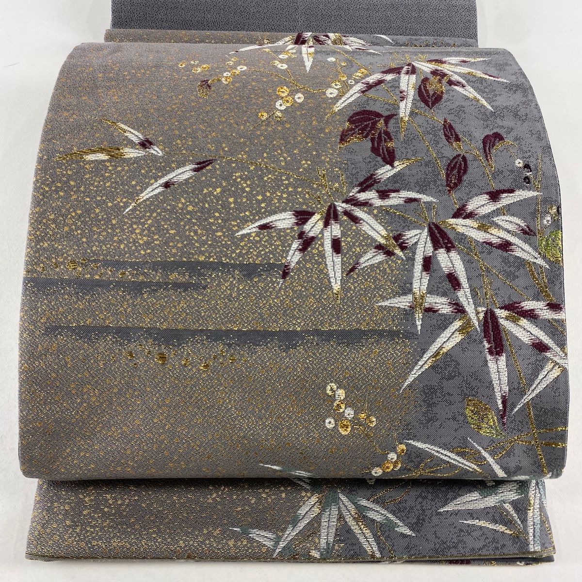 袋帯 名品 古代貝紫 笹 実 箔 金糸 灰紫 六通 正絹