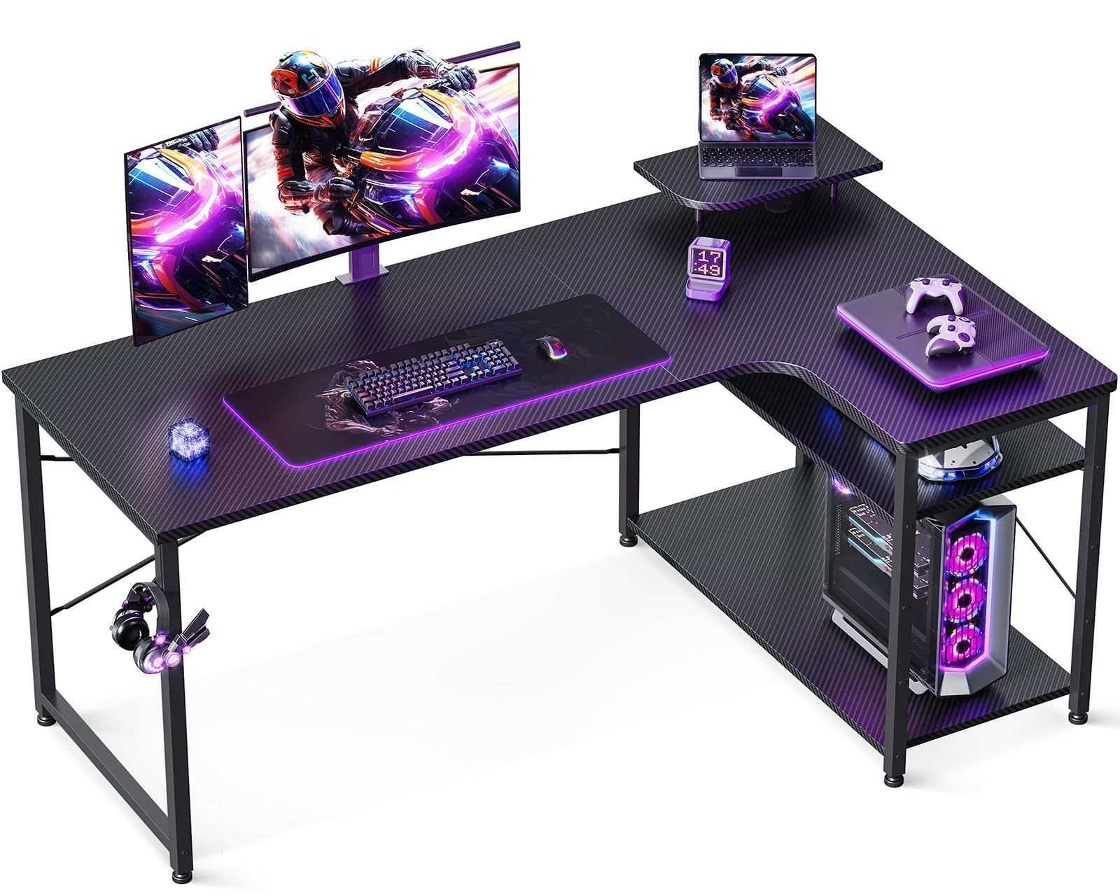 【新着商品】ゲームデスク L字型 組立簡単 作業机 子 在宅勤務 ワークデスク オフィスデスク カーボンブラック 棚付き desk pcデスク 机 デスク 右棚 l字デスク 幅130 パソコンデスク ゲーミン