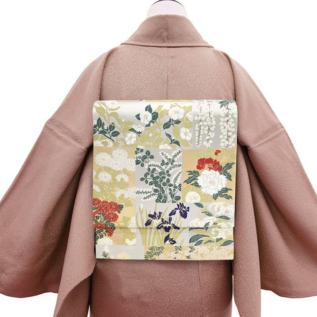 袋帯 京都 西陣 金糸 銀糸 ライトグレー 松竹梅 丸 正絹 中古 kp1949 西陣 - 袋帯 京都 西陣 金糸 銀糸 ライトグレー 松竹梅 丸 正絹