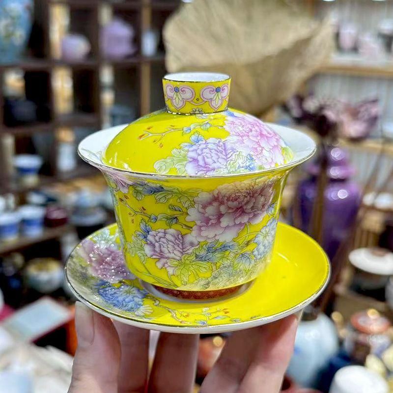 手绘蓋碗,中国茶器セット,茶碗,セラミック景徳鎮の青と白のお茶を準備