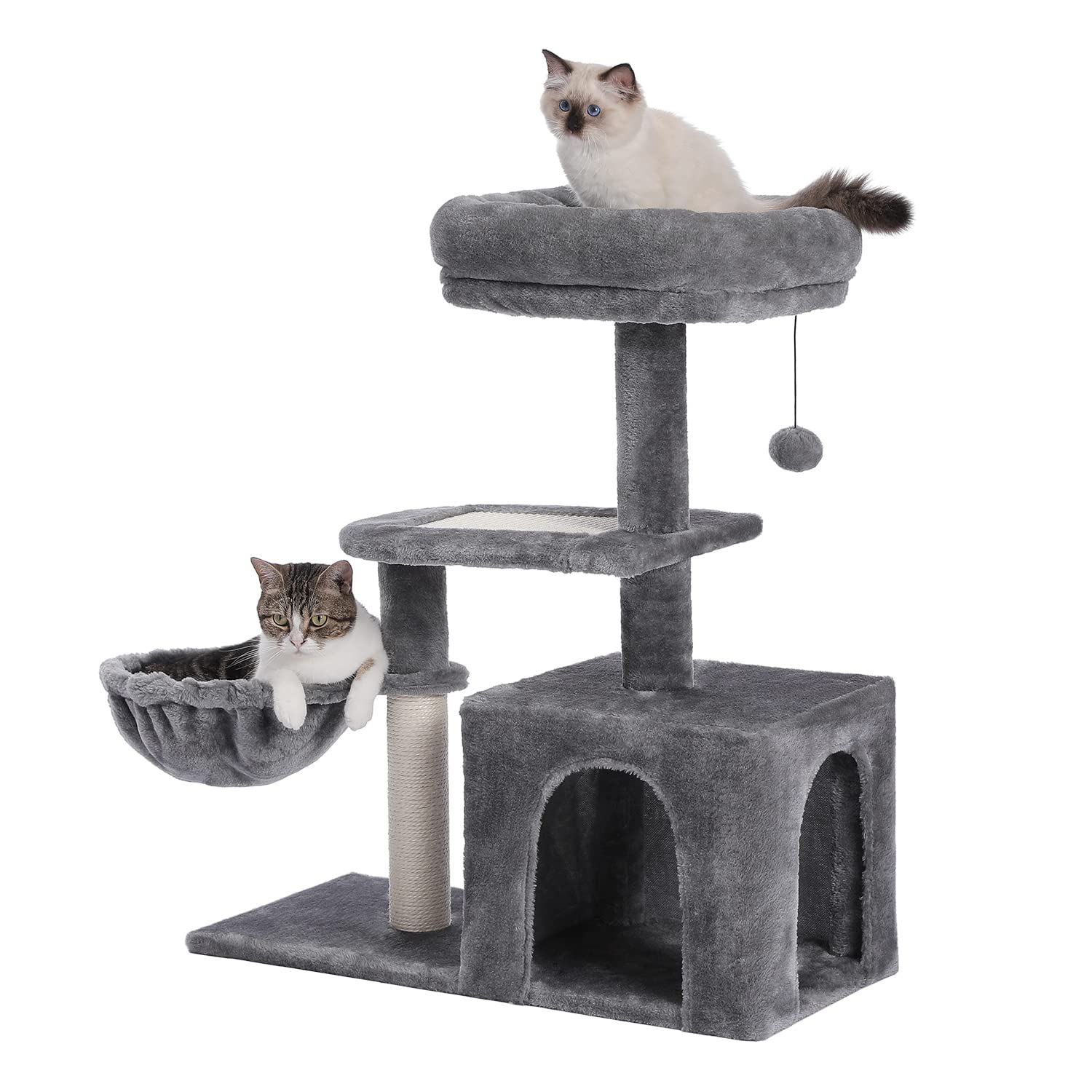 【人気商品】PAWZ Road キャットタワー ミニ 小型 タイプ 爪とぎポール 爪磨き 爪とぎマット 隠れ家 ハンモック 猫ベッド小型 頑丈 安全 猫ハウス付き 大型猫 グレー 80cm