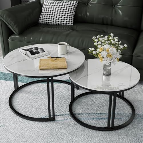 在庫処分 テーブル リビング 一人暮らし センター 丸 ソファーテーブル 大きめ ネストテーブル 2個セット 大理石 おしゃれ 幅70㎝ 幅50㎝ ホワイト ローテーブル 高さ40cm UNHO