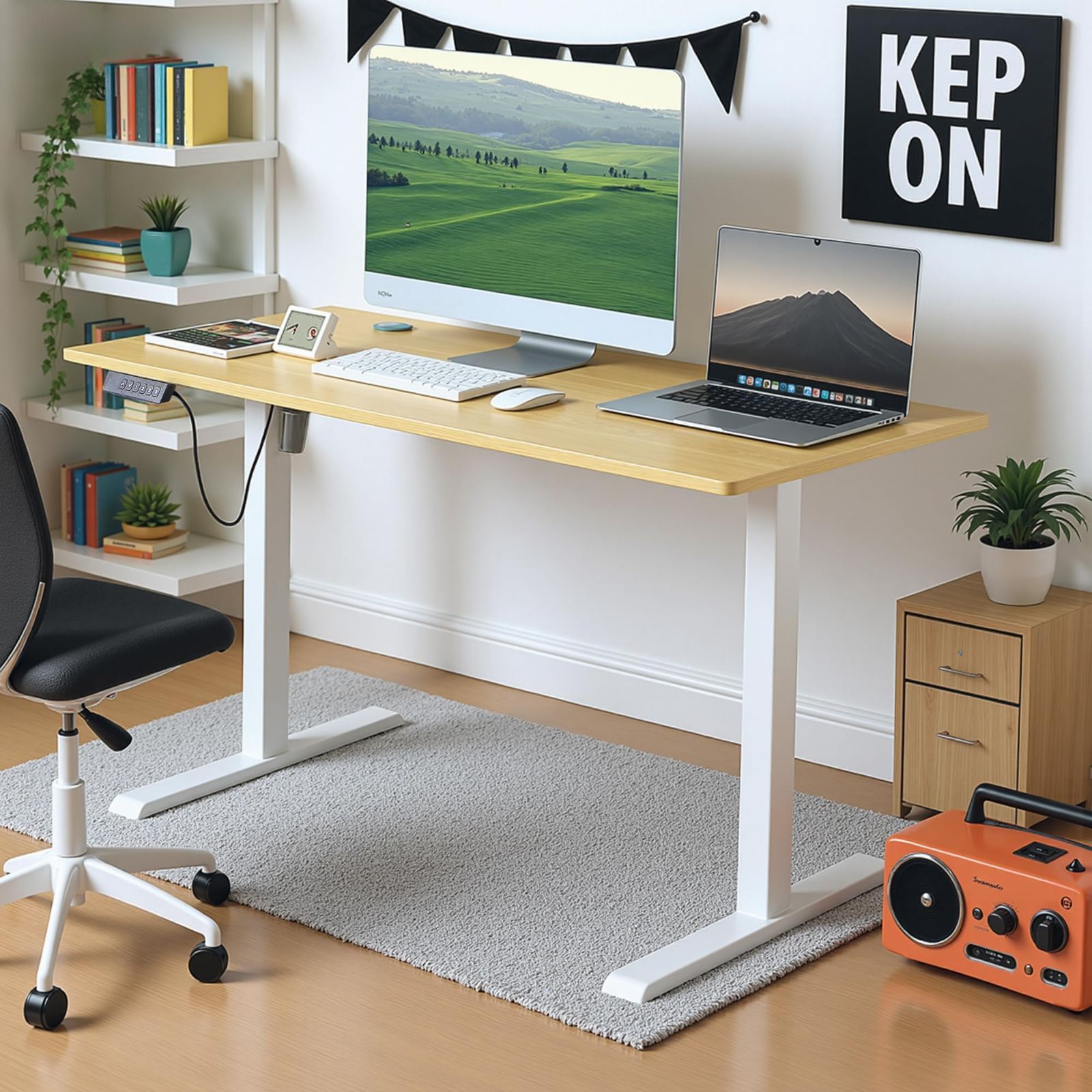 テレワーク オフィスデスク 高さメモリー機能 幅120 奥行60 高さ70 5 113 cm 在宅ワーク オフィスワークテーブル スタンディングデスク シンプル 電動 昇降式デスク オーク VECELO