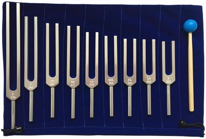 ideastore クリスタルチューナー 音叉 ヒーリング 瞑想 ヨガ ベース付き ゴールド 9本セット