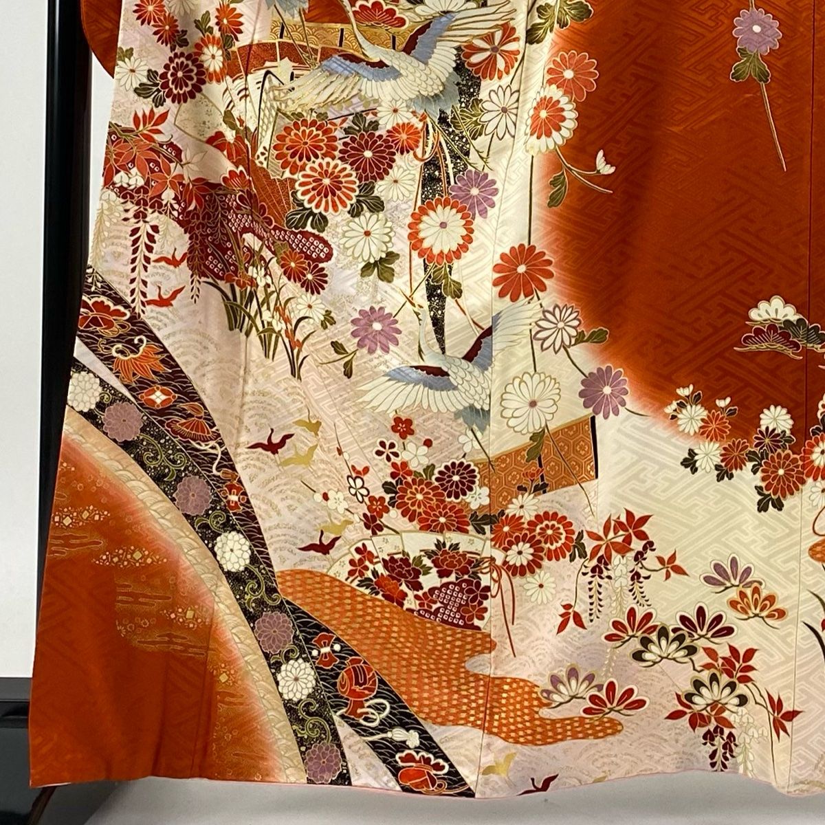 振袖 身丈164cm 裄丈63.5cm S 袷 桧扇 鶴 金糸 金彩 朱色 正絹 秀品