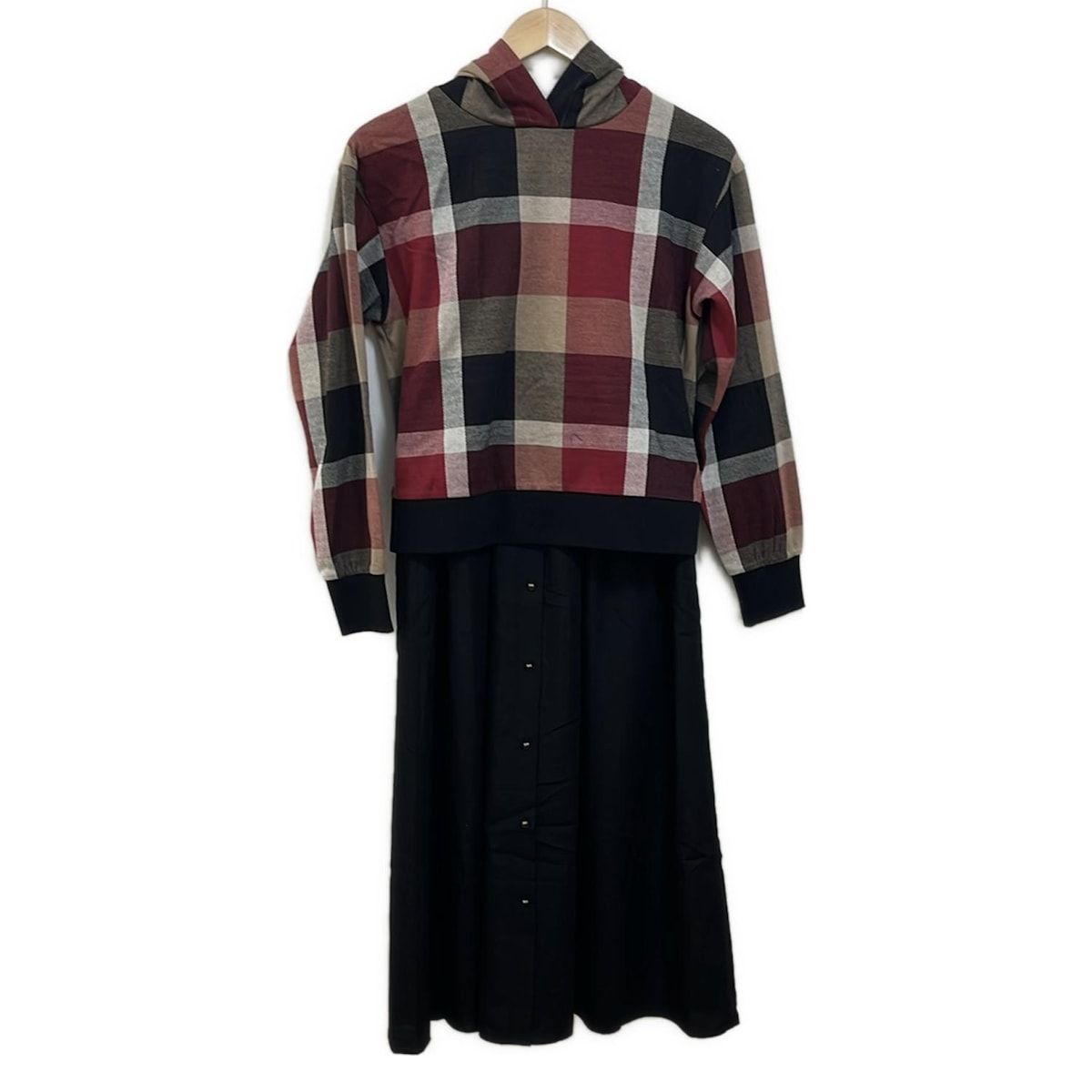 ブルーレーベルクレストブリッジ ワンピース サイズ36 S レディース - ボルドー×黒×マルチ フード付き 長袖 ロング チェック柄