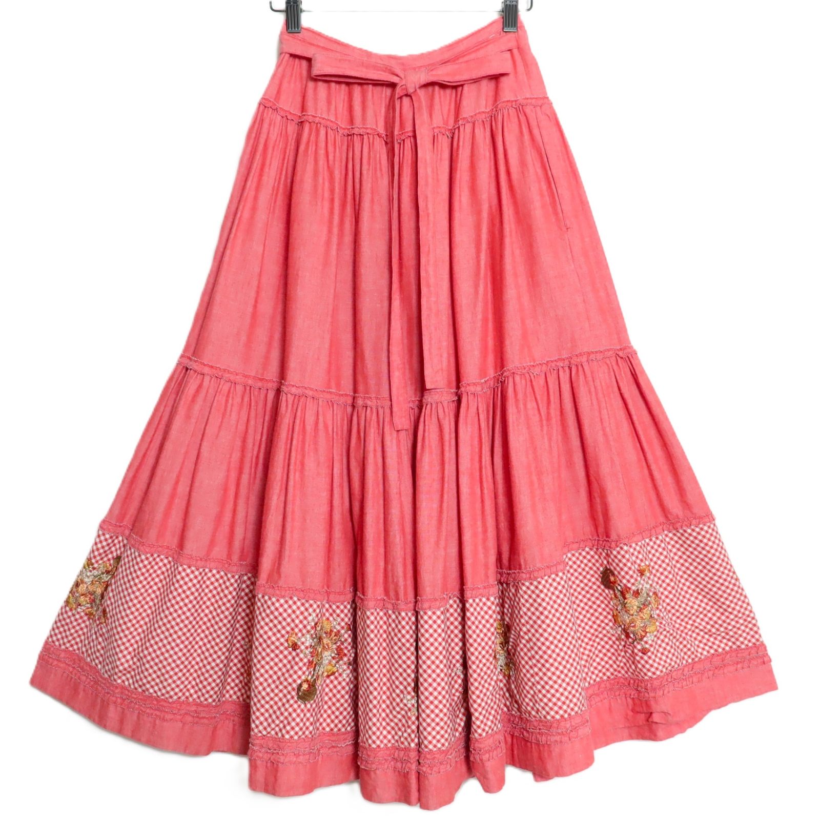 ピンクハウス☆裾パッチワーク♪前開きスカート デニム 赤系 ギンガム&お花