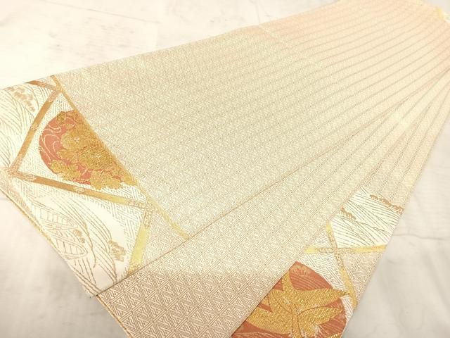 A5 新品未使用　美品　逸品　お太鼓　正絹　金糸　着物 丸帯 美品 逸品 松竹梅 金糸 本金箔 金色 お太鼓柄 正絹｜中古