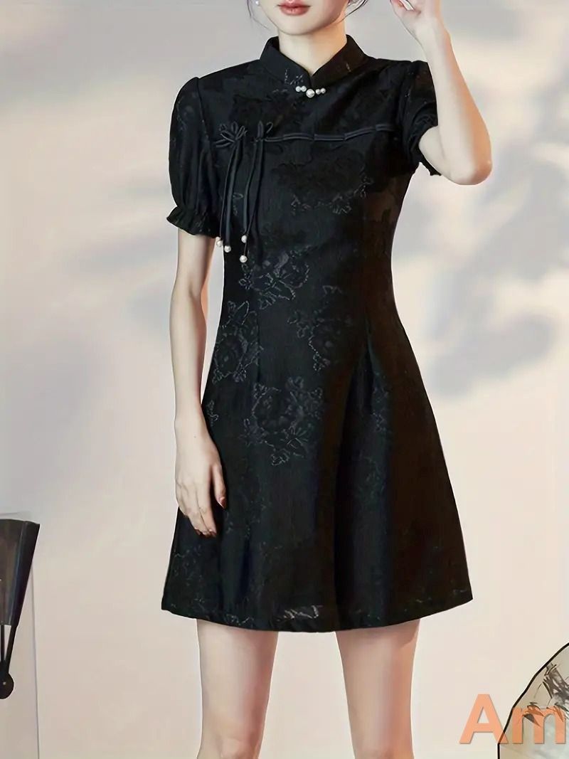 チャイナドレス ミニ チャイナドレス風 ワンピース コスプレ 衣装 チャイナ服 ブラック パフスリーブ フ スカート パーティードレス 結婚式 0781 min