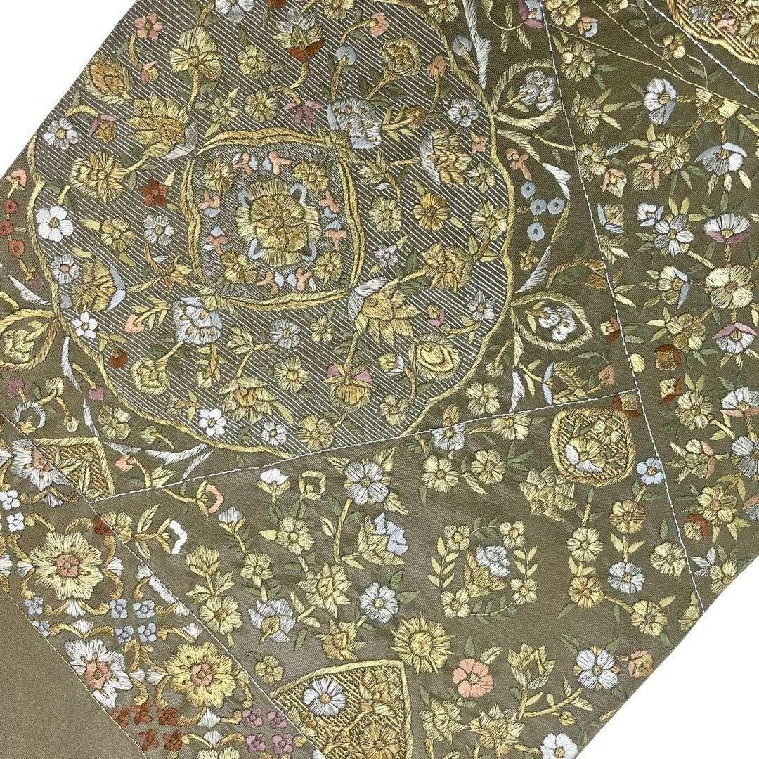 袋帯 総刺繍 美しい金銀の煌びやかな花模様 千歳茶色 O-4130 袋帯 総刺繍 美しい金銀の煌びやかな花模様 千歳茶色 O-4130