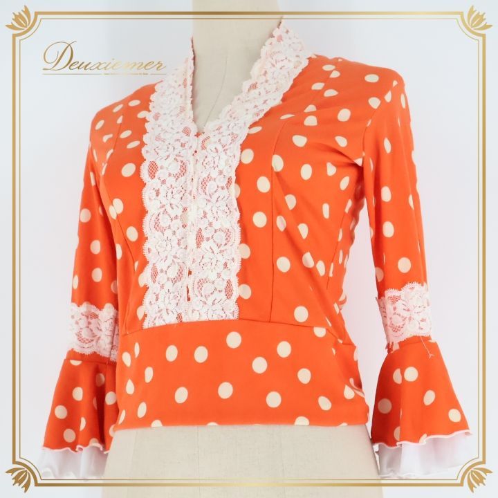 フラメンコ 衣装 トップス ブラウス ドット 水玉 フリル レース オレンジ系 ホワイト系 DOSE del Flamenco ドセデルフラメンコ 伸縮 ストレッチ フラメンコ衣装 おしゃれ かわいい レディース カジュアル パーティー ダンス衣装