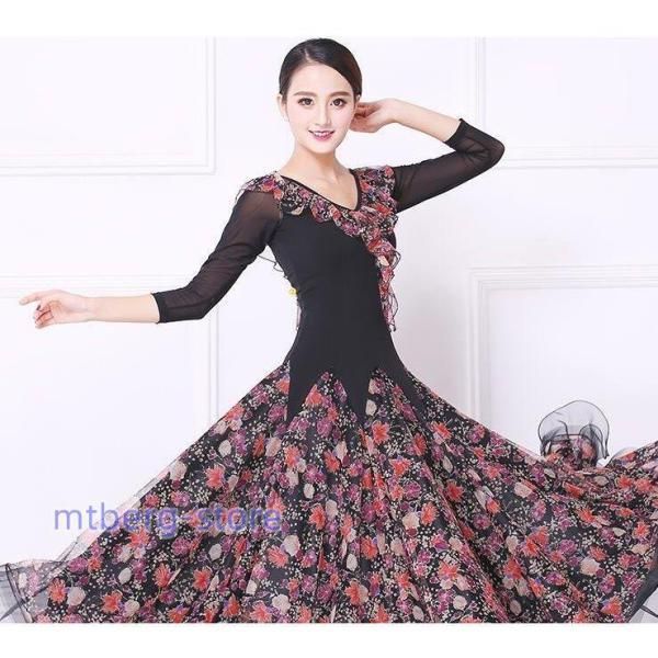 新作 モダンドレス ロング丈 マキシ丈 社交ダンス ドレス スタンダード ラテン ワルツ ロングドレス 大人 競技着 試合着 五分袖 チュール切り替え 羽 羽毛 広が Tfshinonome] 社交ダンス モダンドレス ワンピース 大きく広がる