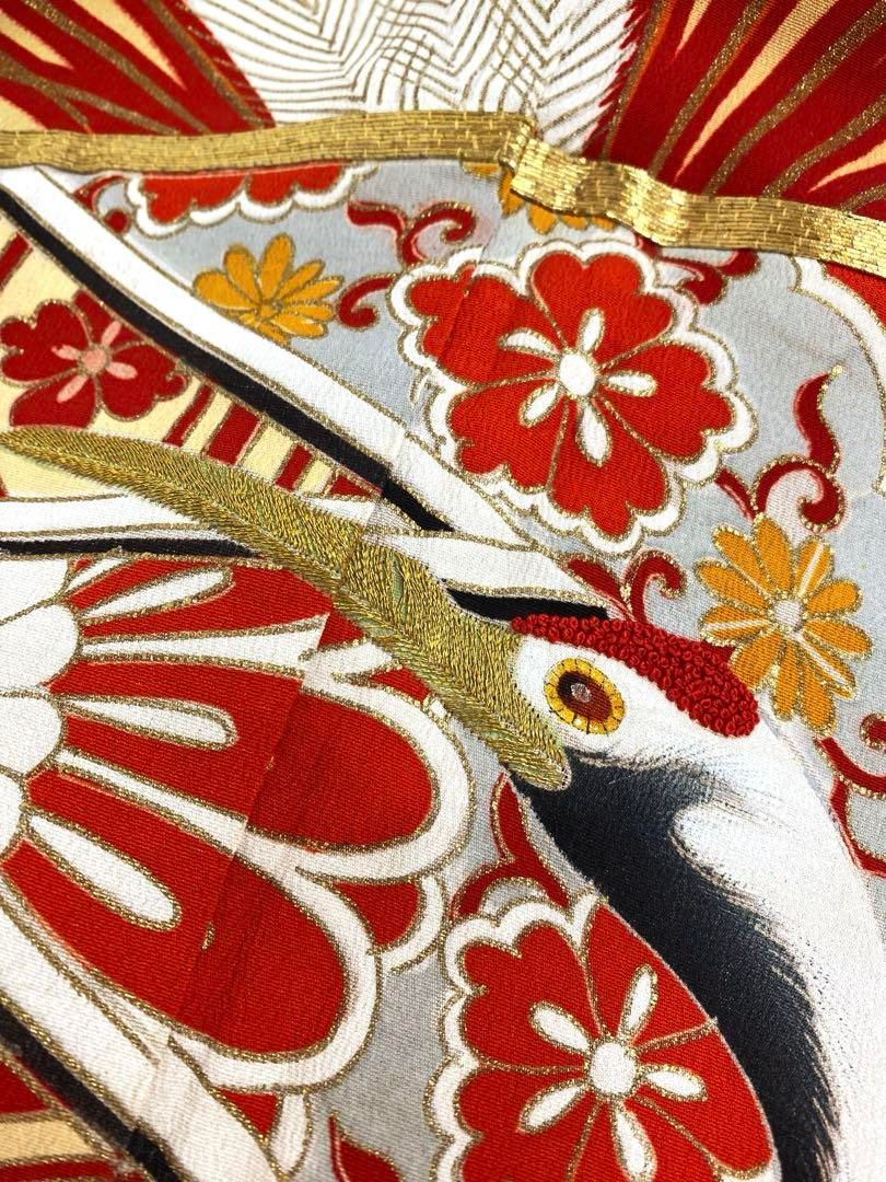 アンティーク 振袖 金駒 金彩 銀彩 相良刺繍 鶴 正絹 身丈169cm 紋付