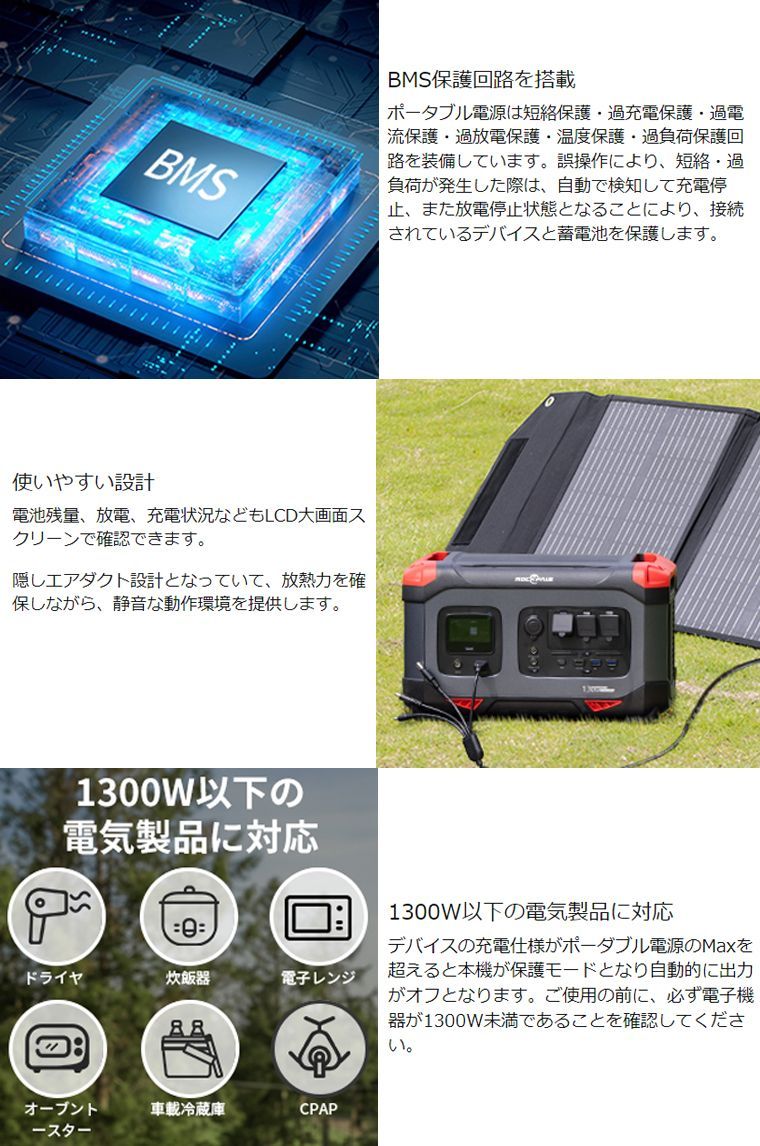 ROCKPALS ポータブル電源 RP1300 大容量 1254Wh/392000mAh リン酸鉄リチウムイオン（LiFePO4）採用Type-C  PD100W 50Hz/60Hz 純正弦波 MPPT制御方式 BMS安全システム 家庭用蓄電池 - メルカリ